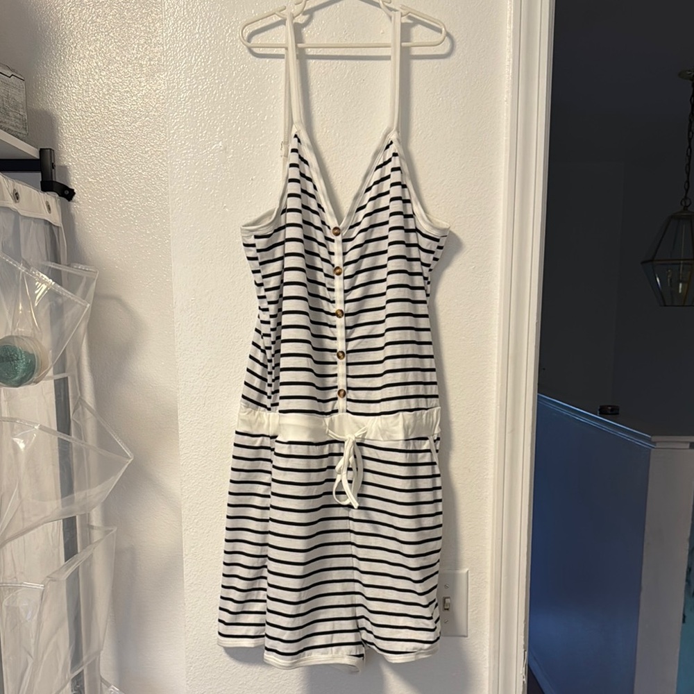 White and Black Striped Button-Down romper